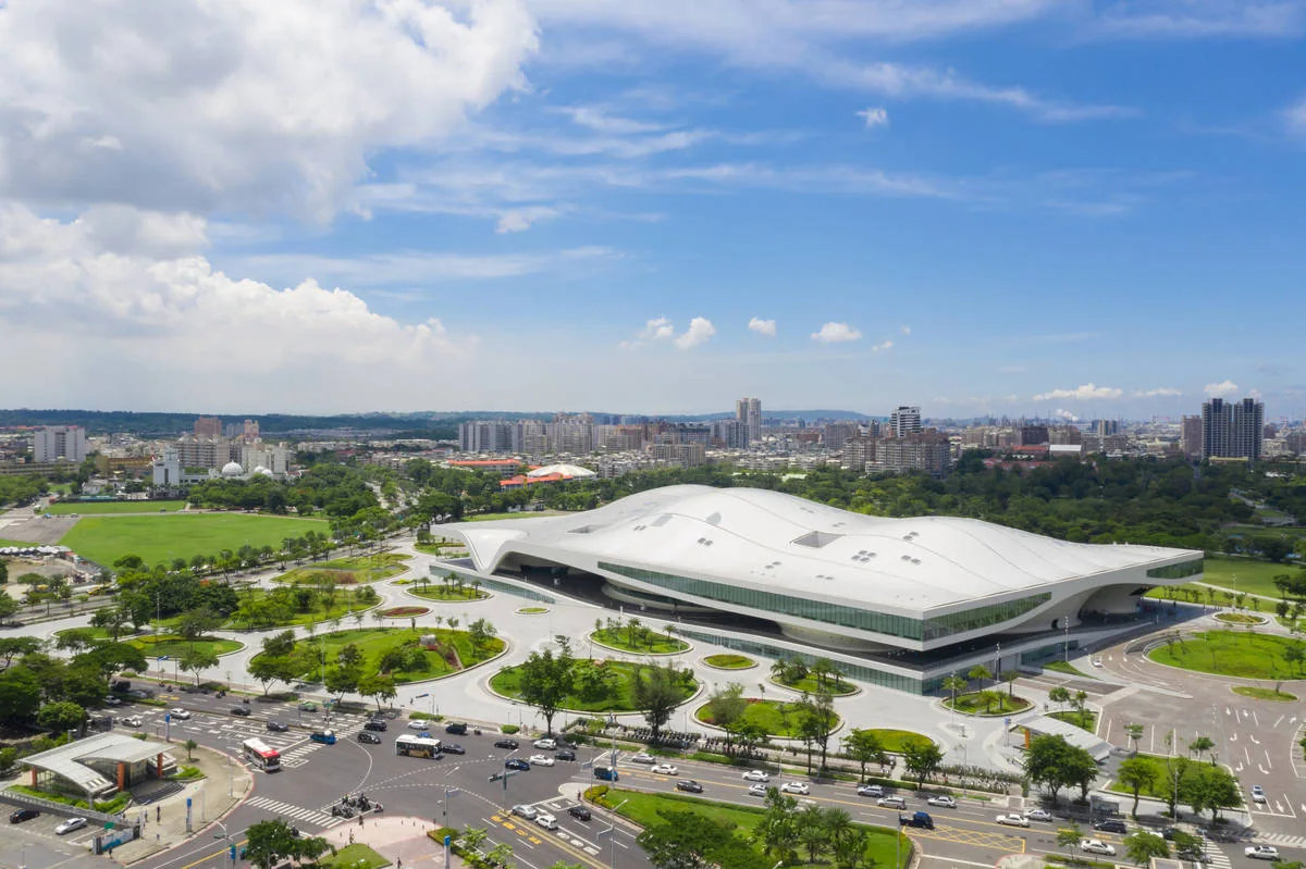 Aerial view of Weiwuying’s flowing white roof beside its green park